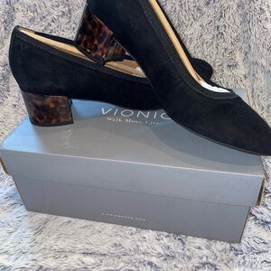 Vionic Natalie Black Suede Heels with Tortoise Accents